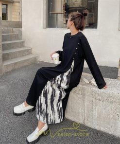 マキシ | ドッキングワンピース 秋 レディース 長袖ワンピース ロングワンピース 切り替えワンピース フェイク レイヤード風 お呼ばれワンピース ゆったり 大きいサイズ