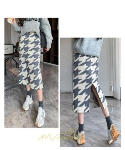 スカート | ロング 春秋冬 レディース ミモレ丈 ウエストゴム ハイウエスト Aライン 無地 きれいめ 大人 千鳥格柄 高見え 人気 SNS映え かっこいい 個性的