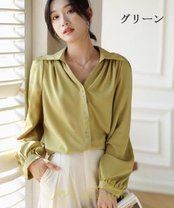 シャツ・ブラウス | ブラウス レディース シャツ トップス Vネック 長袖シャツ 無地 オフィス カジュアル おしゃれ 秋 冬 コーデ 高級感 シフォン エレガント 緑 白 通勤