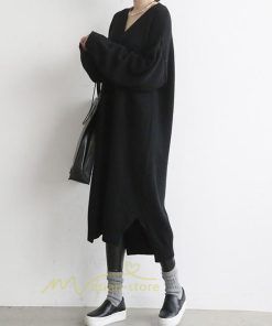 在庫ある | 短納期ロングニットワンピース ロングワンピ カットソー 長袖 トップス Vネック ゆったりセーターニット 体型カバー 通学通勤 OL ストレートニットワンピ