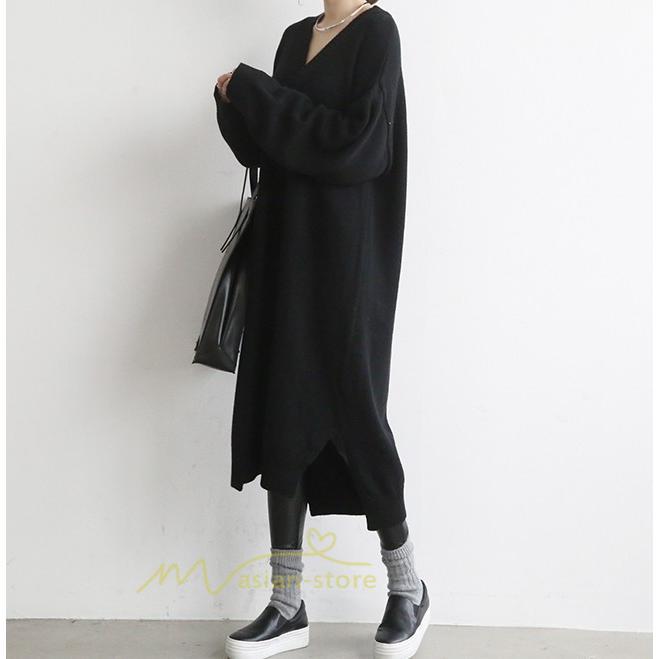 在庫ある | 短納期ロングニットワンピース ロングワンピ カットソー 長袖 トップス Vネック ゆったりセーターニット 体型カバー 通学通勤 OL ストレートニットワンピ