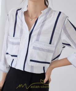 シャツ・ブラウス | ブラウス シャツ 七分袖 レディース ストライプ柄 ボーダー柄 春 夏 胸ポケット付き Ｖネック 華奢見え 通勤 お呼ばれ 日常 ビジネス 同窓会 エレガント 二次会