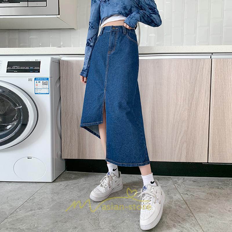 スカート | バッグゴムデニムロング秋冬 ミモレ丈 秋物 レディース 不規則裾 フロントスリット Aライン大きいサイズあり デニム スカート 6XL