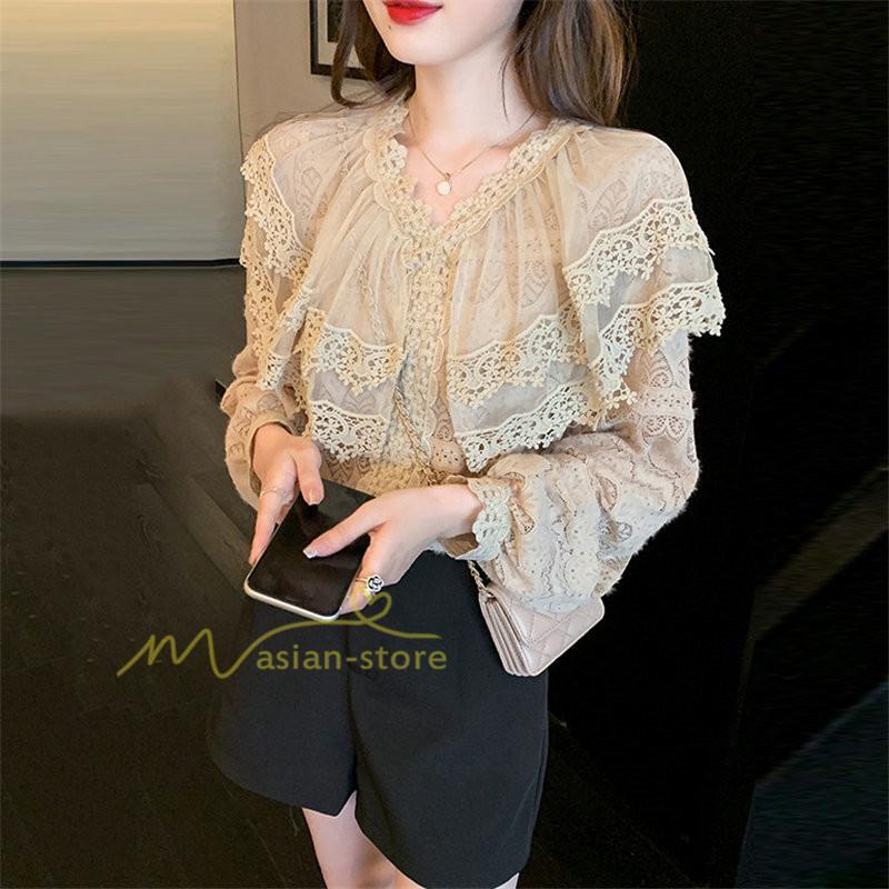 シャツ・ブラウス | ブラウス レディース きれいめ 40代 春秋新作 オシャレブラウス 無地シャツ 長袖トップス レースvネックブラウス 大人 50代 シャツ30代 ゆったり 通勤 夏物
