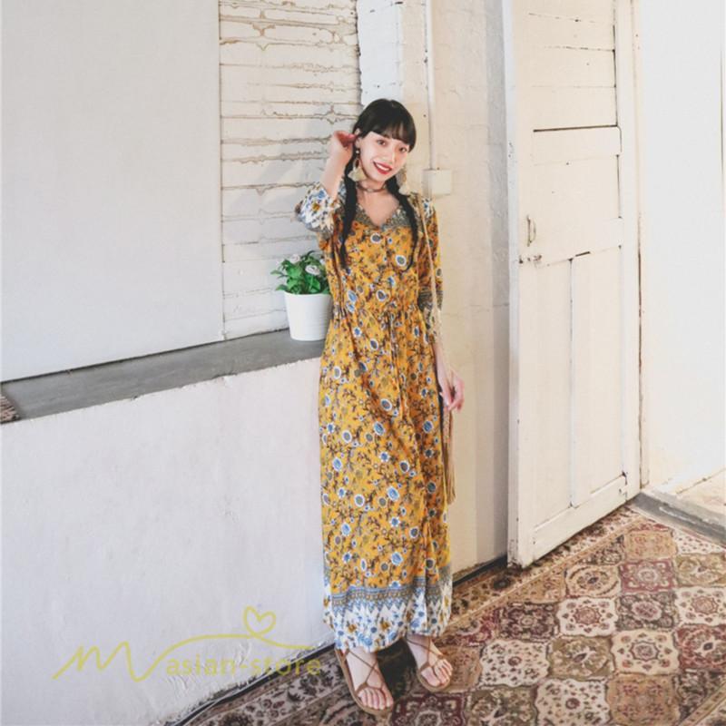 マキシ | ワンピース レディース 総柄 きれいめ ロングワンピース 可愛い カジュアル 春 夏 秋 40代 7分袖 上品 きれいめ 民族風 旅行着 おしゃれ プルオーバー