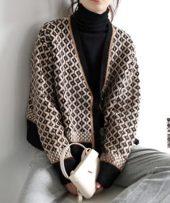 カーディガン | ニットトップス ニット長袖 幾何学柄 配色ダイス柄 羽織り アーガイル柄 春秋冬 ジャガードレディース