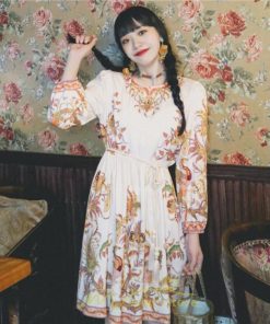 ミニ丈 | ワンピース ひざ丈 膝上 白 青 レトロ風 花柄 かわいい 着映え 着痩せ 長袖 ゆったり 大人っぽ 普段使い 旅行 きれいめ リゾート お出かけ 部屋着  SNS映え