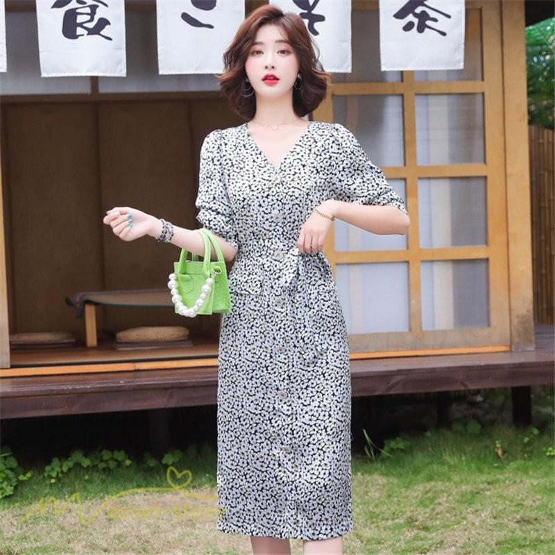ミディアム | ワンピース レディース 着痩せ 花柄 Vネック 半袖 膝丈 サマーワンピース きれいめ エレガント 30代 40代 50代 大人 春 薄手 ひざ丈 お出かけ 上品 夏 デート