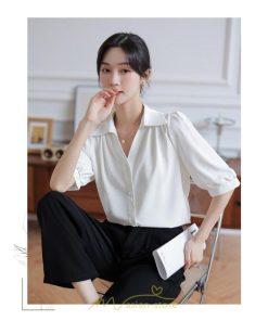 シャツ・ブラウス | ブラウス シャツ トップス レディース 春 夏 半袖 バブルスリーブ シフォン 柔らかい Vネック 着痩せ かわいい 上品 きれいめ エレガント オフィス フォーマル