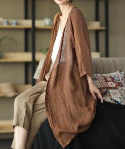 カーディガン | レディース リネン 麻混 ロング 春 秋 ゆったり 7分袖 40代 50代 無地 4色 冷え防止 透け感 羽織 初秋 30代 秋大きいサイズ 20代