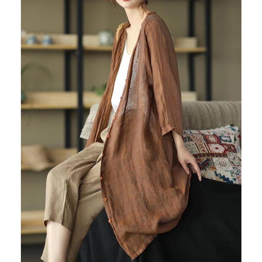 カーディガン | レディース リネン 麻混 ロング 春 秋 ゆったり 7分袖 40代 50代 無地 4色 冷え防止 透け感 羽織 初秋 30代 秋大きいサイズ 20代