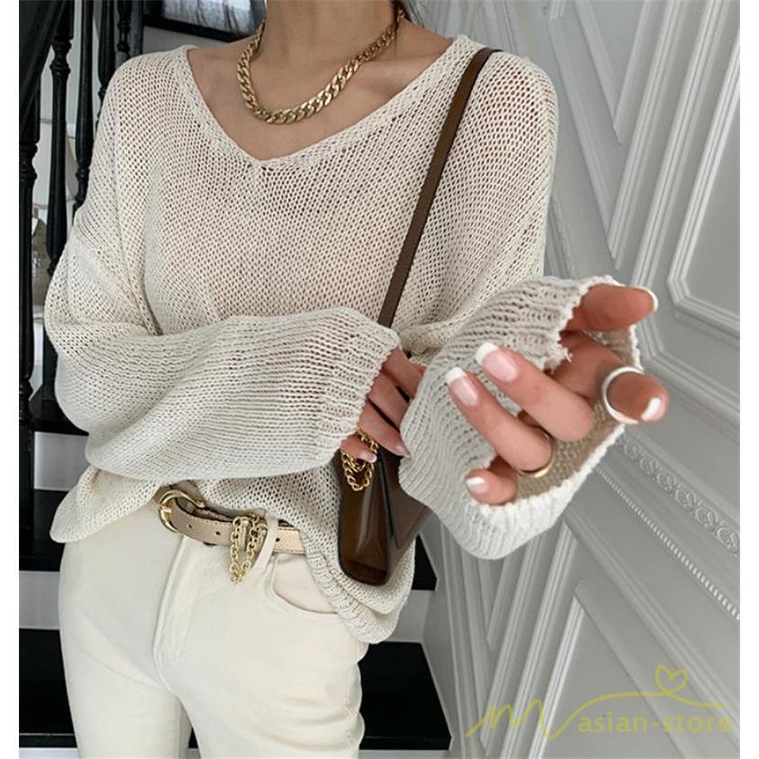 ニット・セーター | ニット サマーニット レディース トップス カットソー ニットソー Vネック 透かし編み 長袖 クルーネック Tシャツ ゆる 薄手 Tシャツ カジュアル リラックス