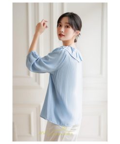 シャツ・ブラウス | ブラウス レディース シャツ おしゃれ きれいめ 七分袖ブラウス カジュアル 無地 フォーマル オフィス 夏物 エレガント Vネック ライトブルー 通勤 ビジネス