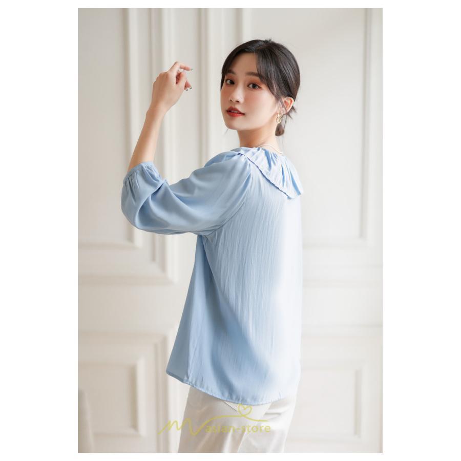 シャツ・ブラウス | ブラウス レディース シャツ おしゃれ きれいめ 七分袖ブラウス カジュアル 無地 フォーマル オフィス 夏物 エレガント Vネック ライトブルー 通勤 ビジネス