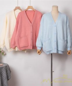 カーディガン | ニット秋冬レディース アウター ニット セーター 羽織り フロントボタン ポケット 長袖 パフスリーブ 無地 20代40代 通学通勤