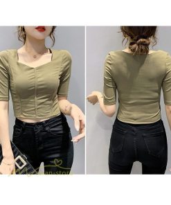ｔシャツ・カットソー | Tシャツ Tシャツ レディース カットソー 着痩せ 5分袖 着回し 人気 スクエアネック ストレッチ 無地 ショート丈 細身 カジュアルトップス 着痩せ サマー きれい