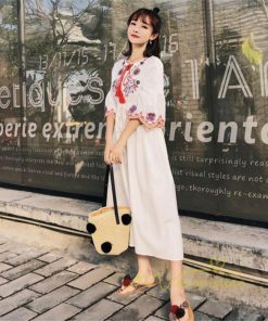 マキシ | ワンピース 半袖 夏物 レディース 秋服 綿麻 刺繍 フレアスリーブ ロングワンピース ミモレ丈 五分袖 ウエストゴム 大人 30代40代 Aラインワンピ リボン付き