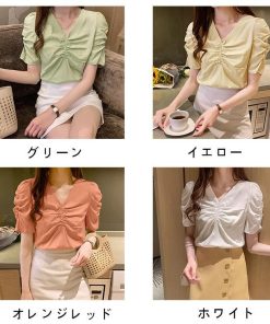 シャツ・ブラウス | シャツ ブラウス レディース バルーンスリーブ 半袖ブラウス Vネック トップス ファッション 無地 シャーリング サマー 通学 通勤 着痩せ 着回し 2020夏新作