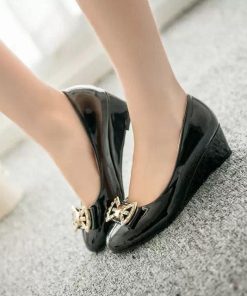 パンプス | ウェッジソールポインテッドトゥ 合皮レザー エナメル レディース ウェッジヒール ストラップなし スリップオン 緑 滑り止めソール 黒