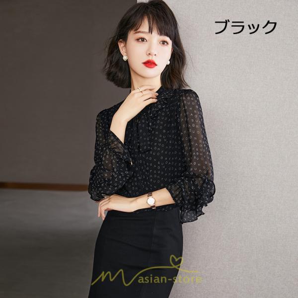 シャツ・ブラウス | ブラウス レディース トップス シャツ シフォン 長袖 黒 アルファベット 20代 30代 40代 通勤 ナチュラル 楽チン カジュアル カジュアル おしゃれ