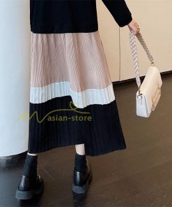 マキシ | 切り替えワンピース ドッキングワンピース 秋 レディース 裾プリーツワンピース ロングワンピース ゆったり 大きいサイズ 長袖 可愛い 秋物 大人 30代50代