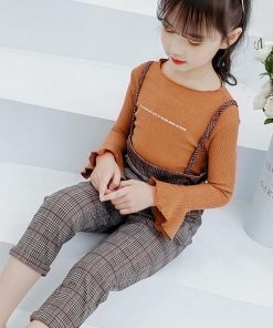 （子供）その他 | ズボン 2点セット 長ズボン セットアップ トップス 長袖 子供服 キッズ チェック柄 ブラウン 女の子 ワイドパンツ