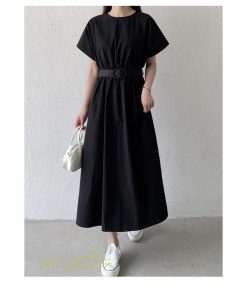 マキシ | 夏ワンピース ロングワンピース フレア 無地 半袖 ベルト付き Aラインワンピース レディース ワンピ 可愛い 体型カバー 大きいサイズ ゆったり カジュアル