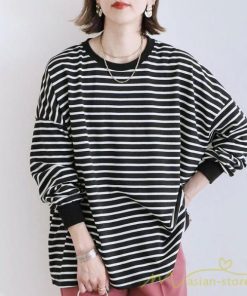 ｔシャツ・カットソー | ボーダー＆無地ビッグプルオーバー レディース トップス Tシャツ オーバーサイズ トレーナー 長袖 可愛い 20代30代40代 シンプル ゆったり ロングＴ