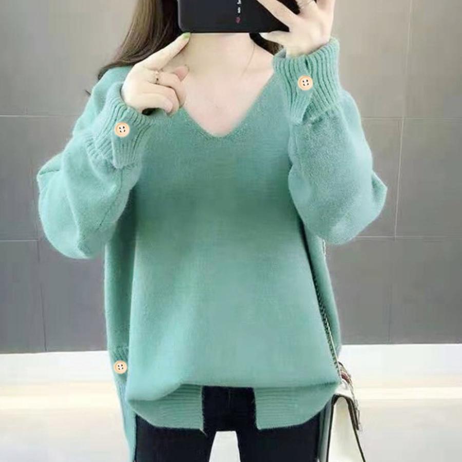 ニット・セーター | Vネック ニット ニットトップス プルオーバー 無地 ニットセーター スリット入り 秋冬 ニットソー レディース