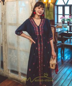 マキシ | ワンピース レディース コットン リゾート かわいい 五分袖 Ｖネック 花柄 上品 ロング丈 ファッション エスニック風 体型カバー お呼ばれ 二次会 民族風 披露宴