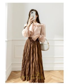 スカート | ロング 秋 秋服 レディース ボトムス ロングフレア プリーツ裏地付き キレイめ オシャレ 着痩せ 可愛い ウエストゴム フェミニン