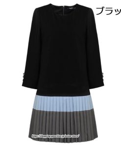 ミディアム | ワンピース レディース 40代 ワンピース 秋 きれいめ膝丈ワンピース 上品 長袖 配色プリーツワンピースチュニック 韓国風 通勤 結婚式ドレス お出かけ 着痩せ