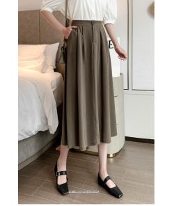 スカート | ロングAラインミモレ丈 フリル高見え ハイウエスト 秋冬 無地 ゆったり キレイめ 通勤 お出かけ デート 通学 着痩せ