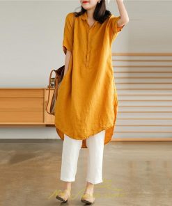 送料無料SALE | ワンピース 夏シャツ レディース 五分袖 シャツワンピース 綿麻 無地 プルオーバー 体型カバー ゆったり 大きめ 夏服 ポケット 30代40代 膝丈 おしゃれ 前後差