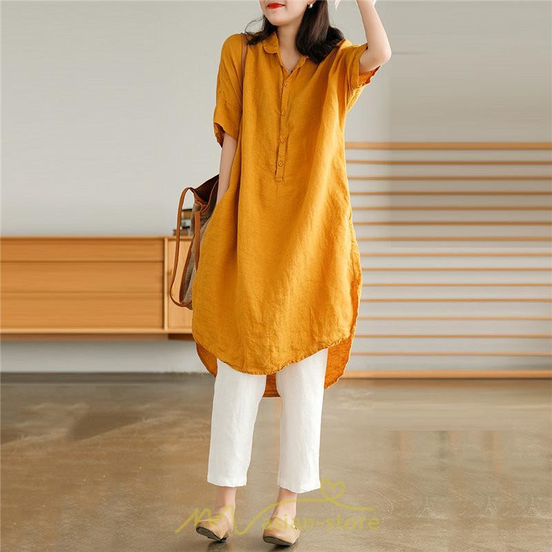 送料無料SALE | ワンピース 夏シャツ レディース 五分袖 シャツワンピース 綿麻 無地 プルオーバー 体型カバー ゆったり 大きめ 夏服 ポケット 30代40代 膝丈 おしゃれ 前後差