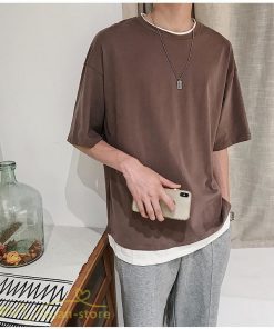Tシャツ | メンズ 夏物 半袖 五分袖 フェイク レイヤード 重ね着 無地 おしゃれ プルオーバー オーバーサイズ しっかり ロングｔ 男 20代 カジュアル 30代