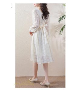 ミディアム | Aラインワンピース 秋コーデ レディース 長袖 膝丈ワンピース 腰リボン付き 刺繍 パフスリーブ 美ライン シルエット 大人 無地 オフィス お呼ばれ フォーマル
