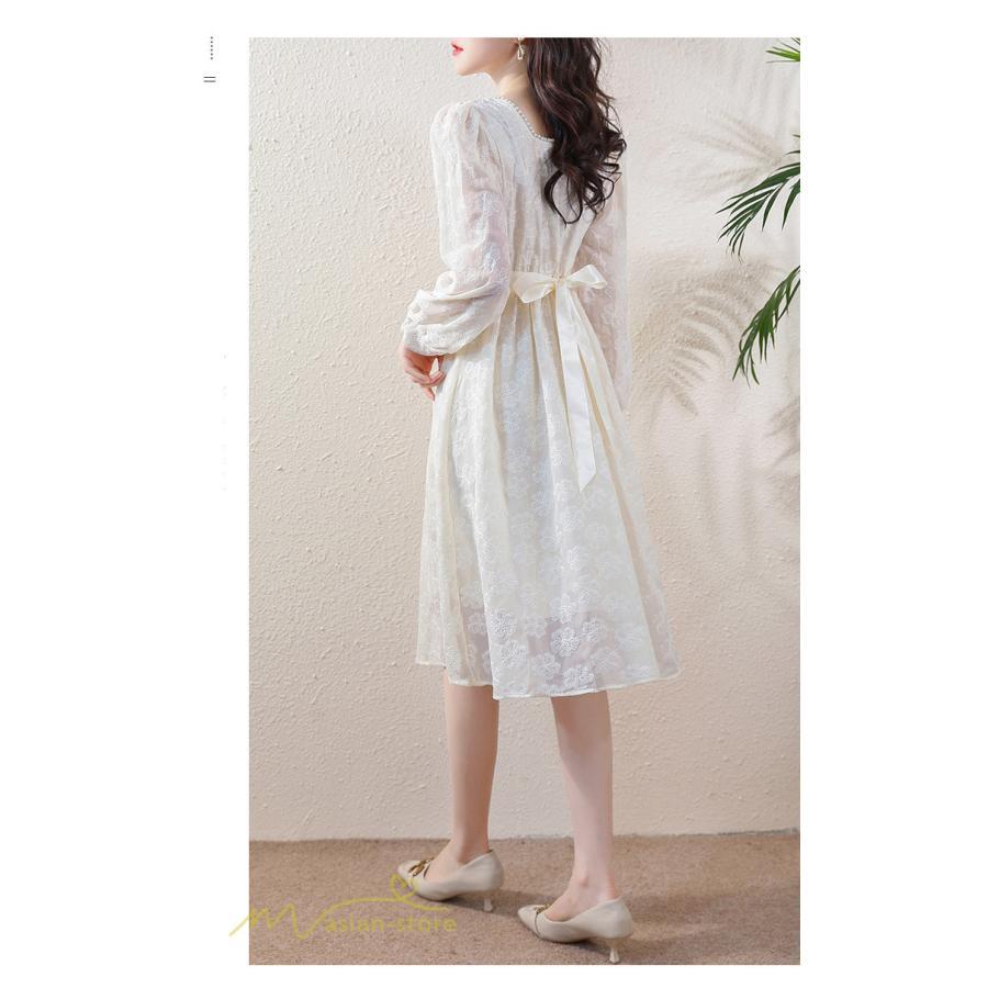 ミディアム | Aラインワンピース 秋コーデ レディース 長袖 膝丈ワンピース 腰リボン付き 刺繍 パフスリーブ 美ライン シルエット 大人 無地 オフィス お呼ばれ フォーマル