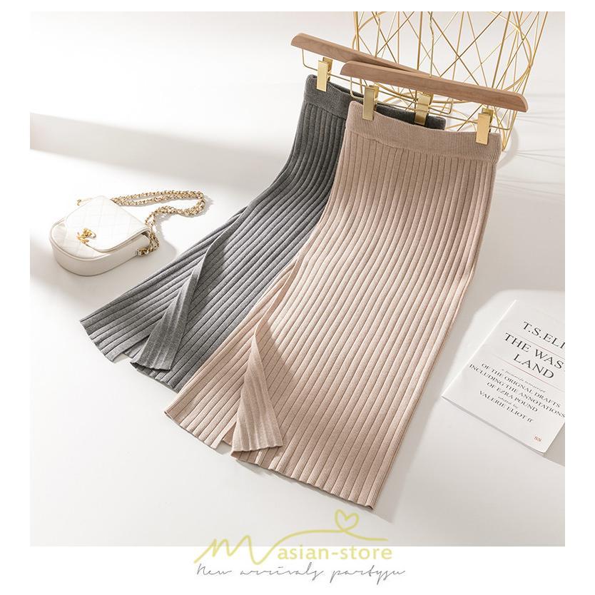 スカート | レディース ロング丈 ミモレ丈 冬 秋 暖か ボトムス ハイウエスト 美ライン スリット セクシー ニット イベント お出かけ デート お呼ばれ お食事会