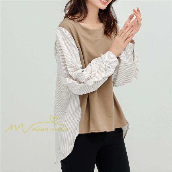 シャツ・ブラウス | Tシャツ レディース トップス 長袖 秋コーデ 切り替え パフスリーブ カットソー ブラウス ゆったり 可愛い カジュアル オフィス 20代30代40代 シンプル 春夏秋