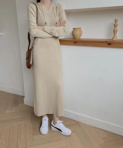 ニットワンピース | ワンピース 秋冬 リブニット ロングワンピース ミモレ丈 無地 フード付き 帽子 ストレッチ 大人 長袖 セーター 50代 20代30代 アウター 大人