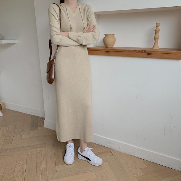 ニットワンピース | ワンピース 秋冬 リブニット ロングワンピース ミモレ丈 無地 フード付き 帽子 ストレッチ 大人 長袖 セーター 50代 20代30代 アウター 大人