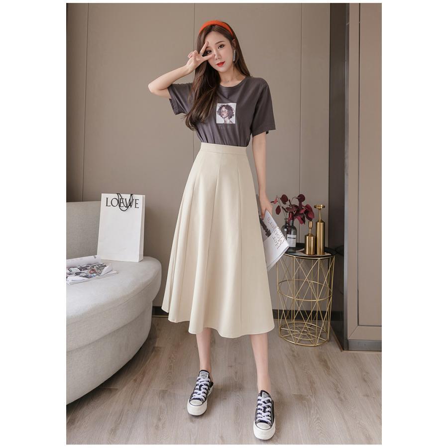 スカート | ミモレフレアAライン無地 エレガント 大きいサイズ 裾広い ハイウエスト 着痩せ 裏地付き 後ろファスナー レディース 通学通勤 体型カバー