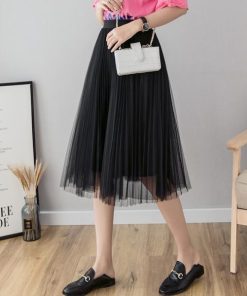 スカート | チュールプリーツウエストゴム 膝丈可愛い ハイウエスト 白 黒 10色 レディース OL 通学通勤 無地 春夏秋 裏地付き