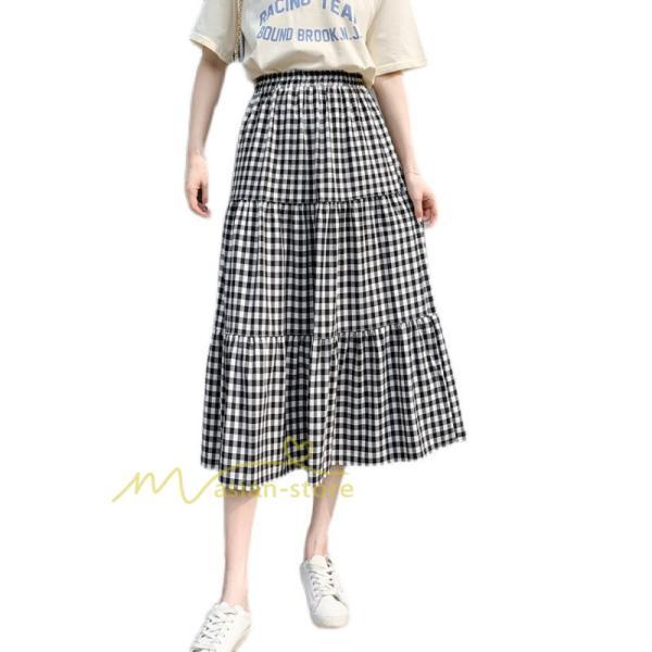スカート | チェック柄 ロング丈 フレア ボトムス レディース おすすめ おしゃれ ブラック フリーサイズ カジュアル お出かけ 通勤通学 着痩せ 20代30代40代50代