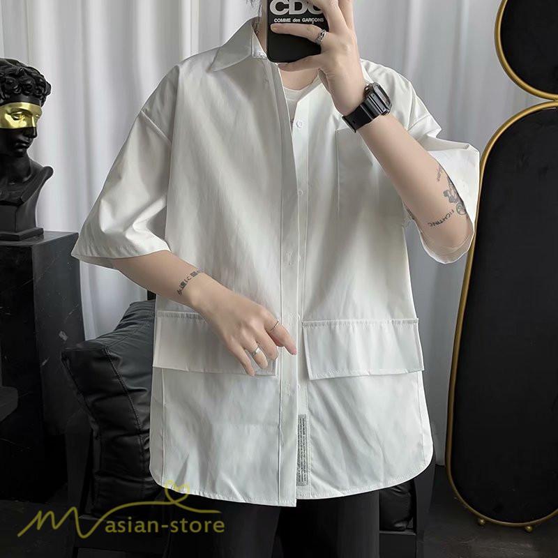 シャツ | メンズ 半袖 トップス ワイドTゆったり 無地 ライトアウター 着回し 夏新作 コーデ 白黒細身 通勤通学 XXL 日常感 大きいサイズ