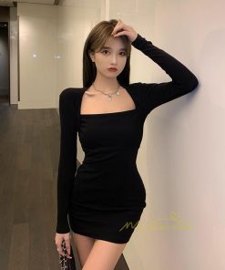 ミニ丈 | ニットワンピース ショート丈 レディース セクシー 長袖タイトワンピ 着やせ おしゃれ パーティードレス ファッション ミニワンピ スクエアネック ストレッチ