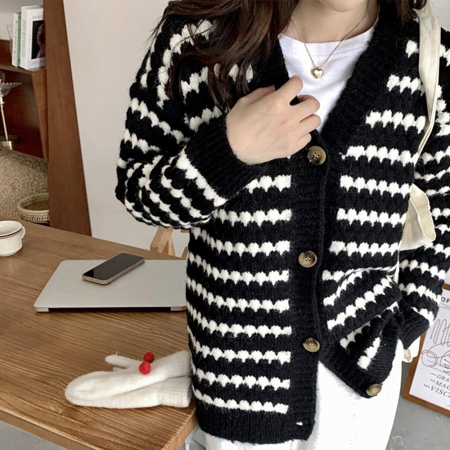 カーディガン | 配色ボーダー柄ニットカーディガンVネック