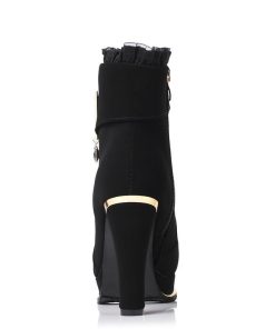 ショートブーツ | スエードブーツ レディース 切替 レース ラウンドトゥ 厚底シューズ チャンキーヒール 太ヒール 厚底 ミドルヒール サイドファスナー 黒