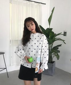 シャツ・ブラウス | 長袖ブラウス レディースシャツ 春物 夏服 羽織り 前開き 可愛い ドット柄 フレア トップス 綿麻 女の子 20代30代